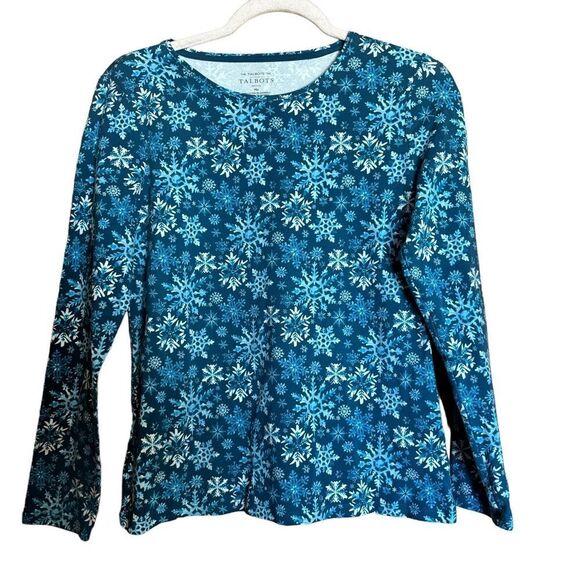 Talbots Tee Womens MP Petites Blue Snowflake Print Stretch Blouse Top Ladies - Picture 1 of 8